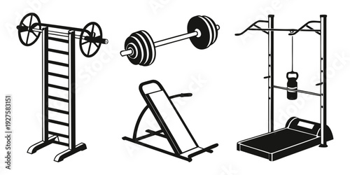 A variety of exercise equipment including a ladder, bench, and pull-up bar. Vector
