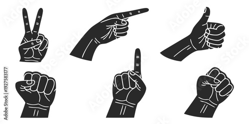 Hand gestures and sign language symbols in black and white Vector
