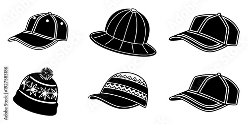 A diverse collection of hats and caps showcasing various styles and designs Vector
