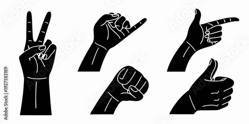 A collection of various hand gestures depicted in black and white Vector