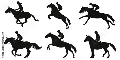 Six black silhouettes of horses in various dynamic poses and styles Vector
