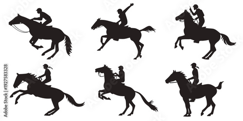 Eight black silhouettes of horses in various dynamic poses and positions Vector