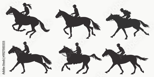 Six black silhouettes of horses in various dynamic poses against a white background Vector