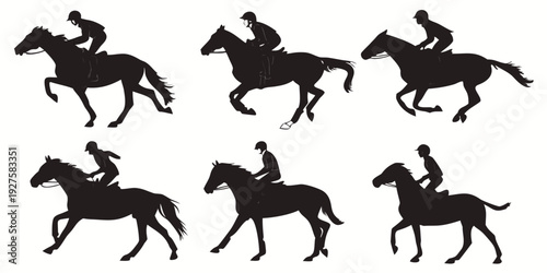 Six black silhouettes of horses in various dynamic poses and positions Vector