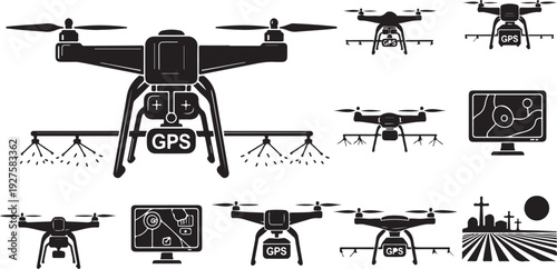 Drone Technology and Surveillance Systems Icons Set Vector Graphics