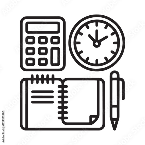 A black and white line art illustration depicting office supplies including a calculator clock notebook and pen