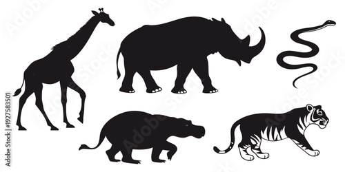 A diverse group of animals including a giraffe, rhino, snake, and others Vector