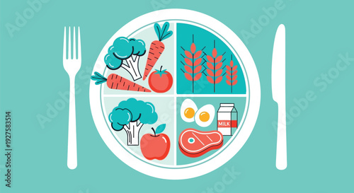 Balanced diet plate with fruits, vegetables, and protein sources vector illustration