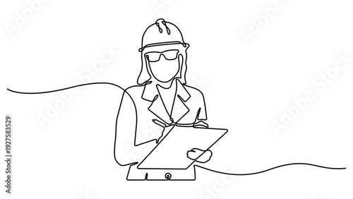 Single continuous line drawing of young female architect holding blueprint paper pose cross arms. Professional work job occupation. Inspecting plans and notes on site. Editable vector