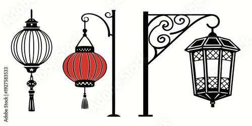 A collection of vintage street lamps and lanterns with intricate designs. Vector