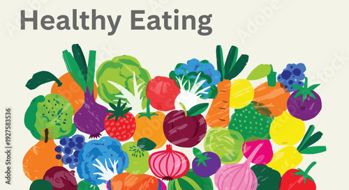 Colorful assorted fruits and vegetables healthy eating concept vector illustration