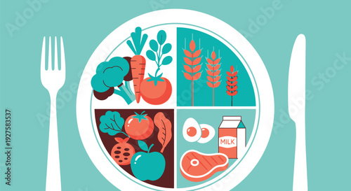Balanced diet plate with vegetables, fruits, grains, and protein sources vector illustration