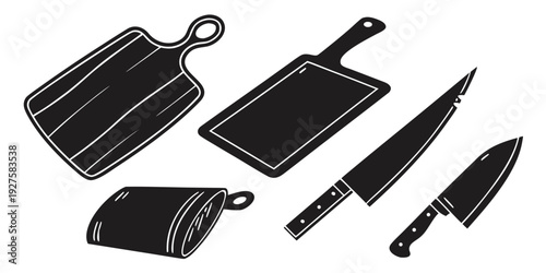 Assorted kitchen utensils including a spatula, knife, and cutting board Vector