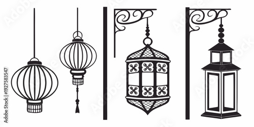 A collection of ornate lanterns and lamps in various shapes and sizes Vector