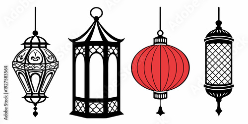 Assorted lanterns hanging in a row, showcasing various designs and colors Vector