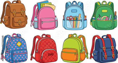 Colorful collection of school backpacks and travel bags with books and stationery, modern cartoon style rucksack set isolated on white background illustration