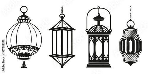 A variety of ornate and traditional lanterns displayed in a row Vector
