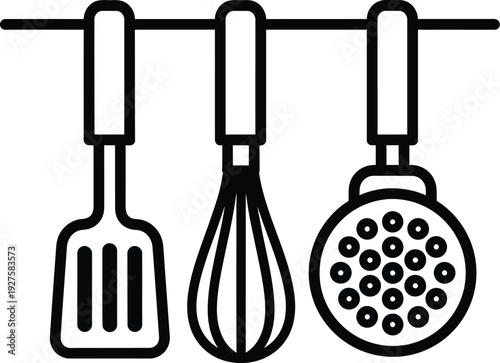 Kitchen utensils hanging on a rack vector illustration, flat design