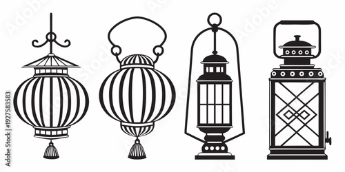 A variety of vintage lanterns and lamps with intricate designs and different shapes. Vector