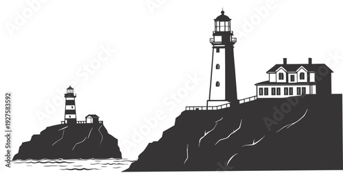 Two lighthouses standing tall on rocky cliffs with a house nearby Vector