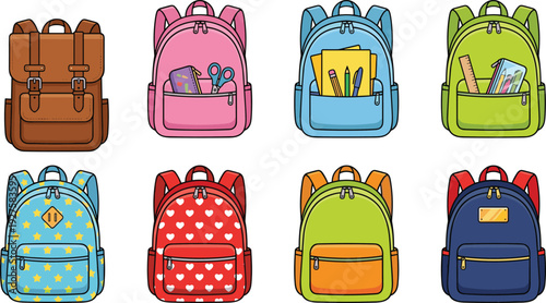 Set of colorful school backpacks with stationery and patterns, modern cartoon rucksack collection isolated on white background for education and travel design