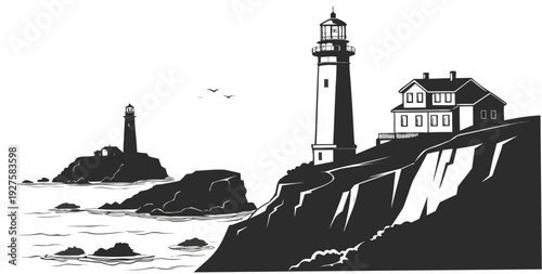A serene lighthouse standing tall on a rugged coastline with a distant ship Vector