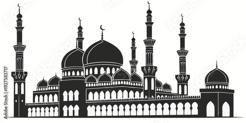 A detailed illustration of a mosque with multiple domes and minarets. Vector