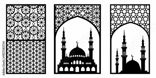 Intricate islamic patterns and architectural elements on a textured background Vector