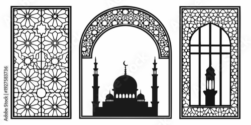 Intricate architectural design featuring a mosque and ornate windows Vector