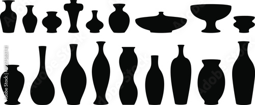 Vase silhouette vector illustration with diverse shapes, decorative pottery artwork, ornamental design collection, creative black art, home decor inspiration