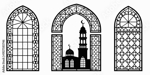 Intricate stained glass windows featuring a church in the center Vector