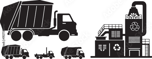 Recycling trucks and facility in black silhouette illustration style