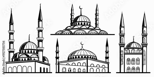 Intricate line drawing of various architectural structures with domes and minarets. Vector
