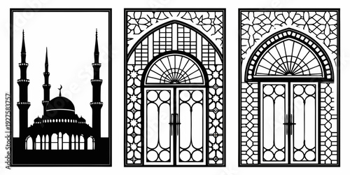 Three distinct architectural structures showcasing diverse design elements and cultural influences Vector