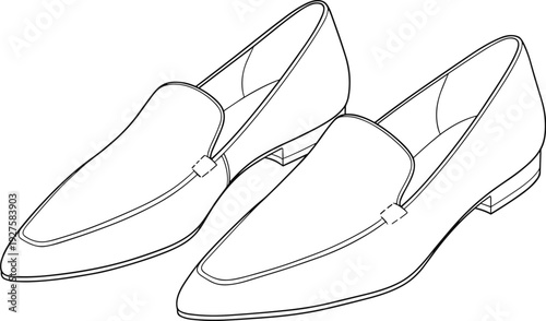 Elegant women slip on loafers outline drawing, flat vector illustration of classic formal shoes isolated on white background