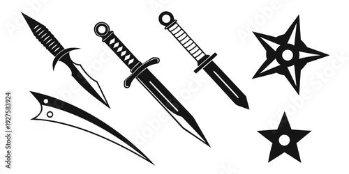Assorted knives and stars displayed in a black and white illustration Vector