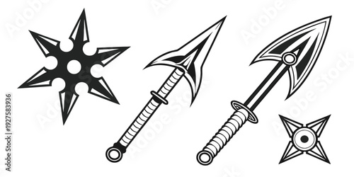 Ancient weapons including throwing stars and spears with intricate designs Vector