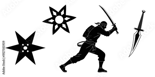 A ninja running with a sword and two stars in a black and white illustration Vector