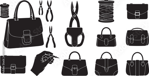 Handbag Making Process and Tools Illustration Set