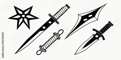 A collection of various types of knives and a star-shaped object. Vector