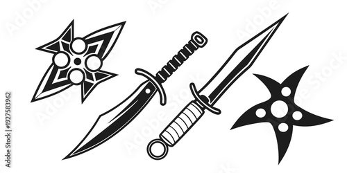 Three distinct throwing stars and a dagger with a coiled handle on a white background Vector