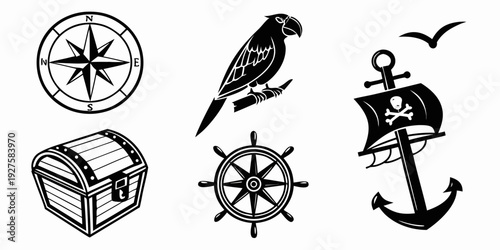 A collection of pirate and nautical symbols including a treasure chest, compass, anchor, and bird. Vector
