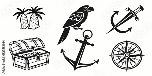 Illustrations of a treasure chest, palm tree, bird, anchor, and compass for a pirate adventure theme Vector