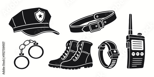 Assorted police equipment including a hat, boots, radio, and handcuffs. Vector