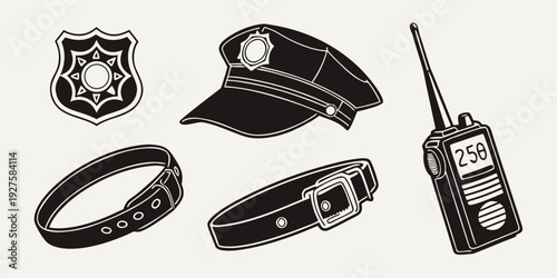 Assorted police equipment including badges, handcuffs, and a radio Vector