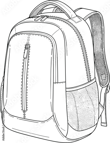 Modern school backpack with front zipper pocket and side mesh compartments isolated on white background, flat vector illustration