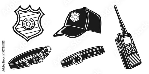 Collection of police equipment including badges, a hat, and a radio. Vector