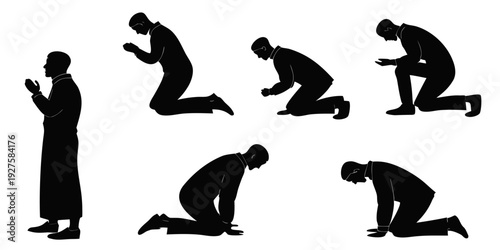 Silhouettes of people performing various forms of prayer and worship Vector