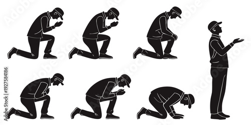 A sequence of figures demonstrating the proper technique for performing a squat exercise. Vector
