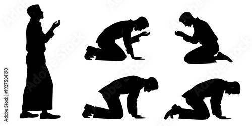 Silhouettes of people performing the five daily prayers in islam Vector